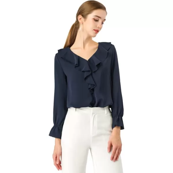 Allegra K Women's Ruffle Blouse for Business Work Elegant V Neck Long Sleeve Casual Dressy Top