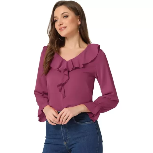 Allegra K Women's Ruffle Blouse for Business Work Elegant V Neck Long Sleeve Casual Dressy Top