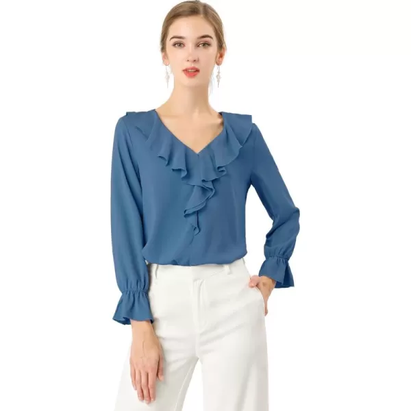 Allegra K Women's Ruffle Blouse for Business Work Elegant V Neck Long Sleeve Casual Dressy Top