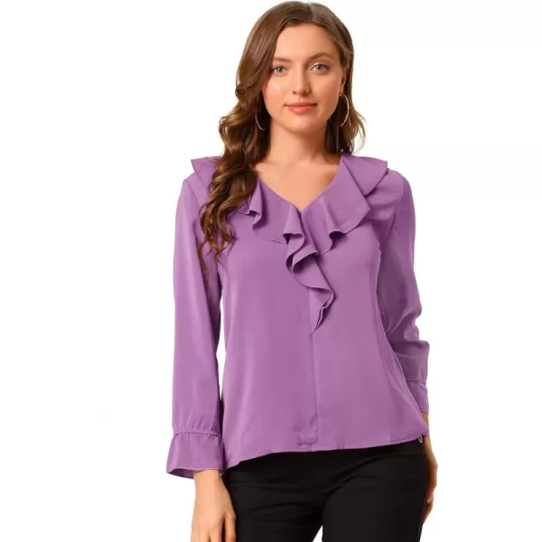 Allegra K Women's Ruffle Blouse for Business Work Elegant V Neck Long Sleeve Casual Dressy Top