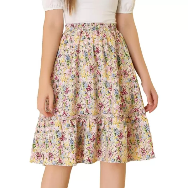 Allegra K Women's Ruffle Hem Elastic Waist Flowy A-Line Swing Floral Midi Skirt