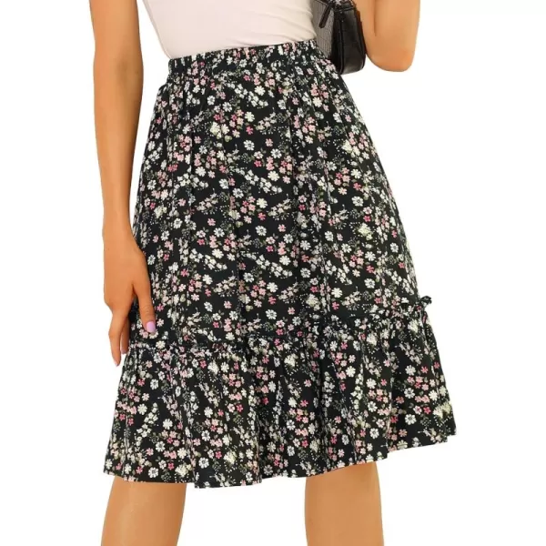 Allegra K Women's Ruffle Hem Elastic Waist Flowy A-Line Swing Floral Midi Skirt