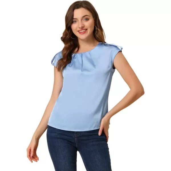 Allegra K Women's Satin Cap Sleeve Top Pleated Casual Work Office Blouse