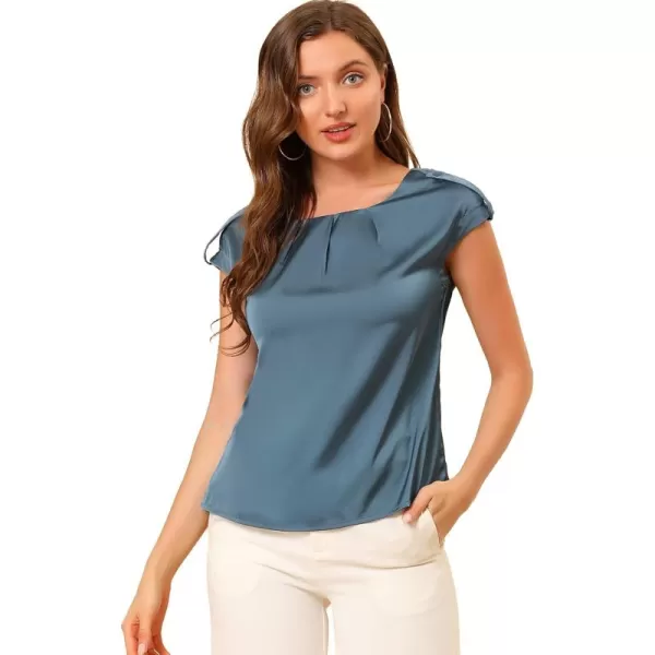 Allegra K Women's Satin Cap Sleeve Top Pleated Casual Work Office Blouse