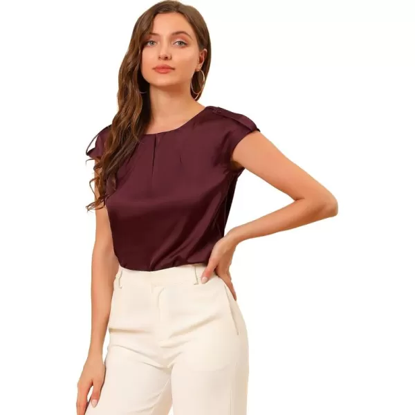 Allegra K Women's Satin Cap Sleeve Top Pleated Casual Work Office Blouse