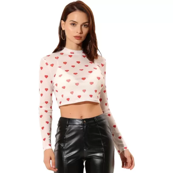 Allegra K Women's Semi-Sheer Sexy Blouse Heart Print Crop Tops Valentine's Day Party Mesh Top