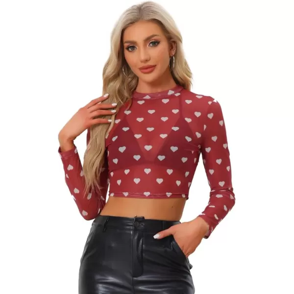 Allegra K Women's Semi-Sheer Sexy Blouse Heart Print Crop Tops Valentine's Day Party Mesh Top