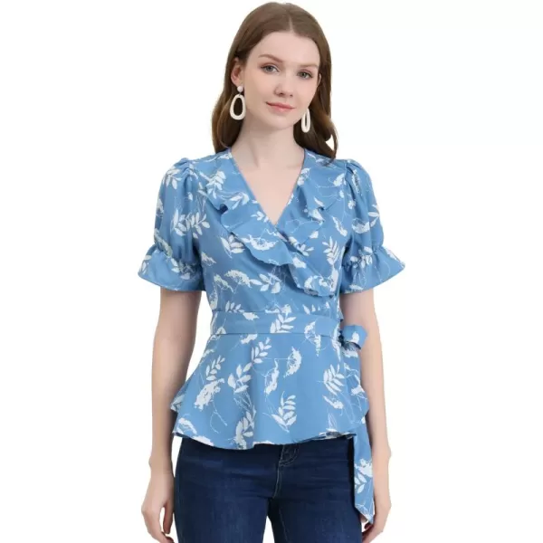 Allegra K Women's Wrap Peplum Top Blouse 2024 Summer Floral Short Sleeve Ruffle V Neck Belted Shirts