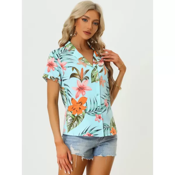 Allegra K Women's Hawaiian Shirt Floral Leaves Printed Short Sleeve Top Button Down Shirt