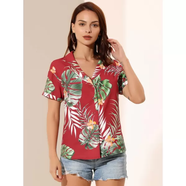 Allegra K Women's Hawaiian Shirt Floral Leaves Printed Short Sleeve Top Button Down Shirt