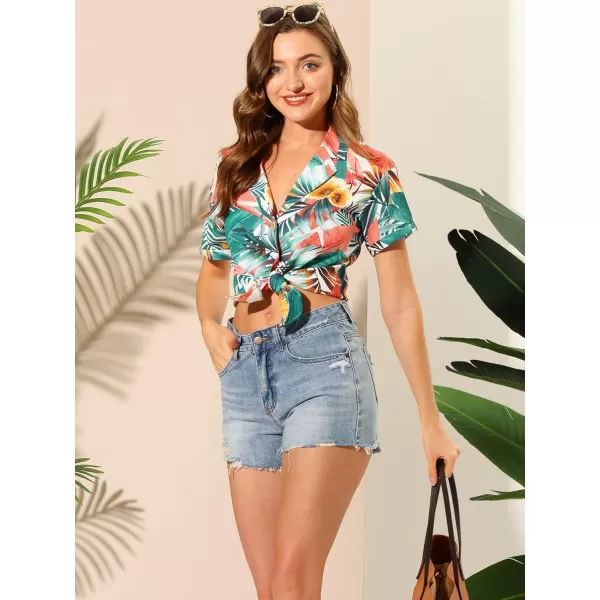 Allegra K Women's Hawaiian Shirt Floral Leaves Printed Short Sleeve Top Button Down Shirt