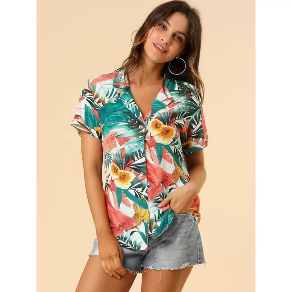 Allegra K Women's Hawaiian Shirt Floral Leaves Printed Short Sleeve Top Button Down Shirt