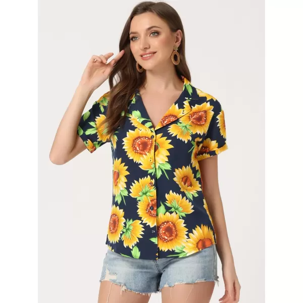 Allegra K Women's Hawaiian Shirt Floral Leaves Printed Short Sleeve Top Button Down Shirt