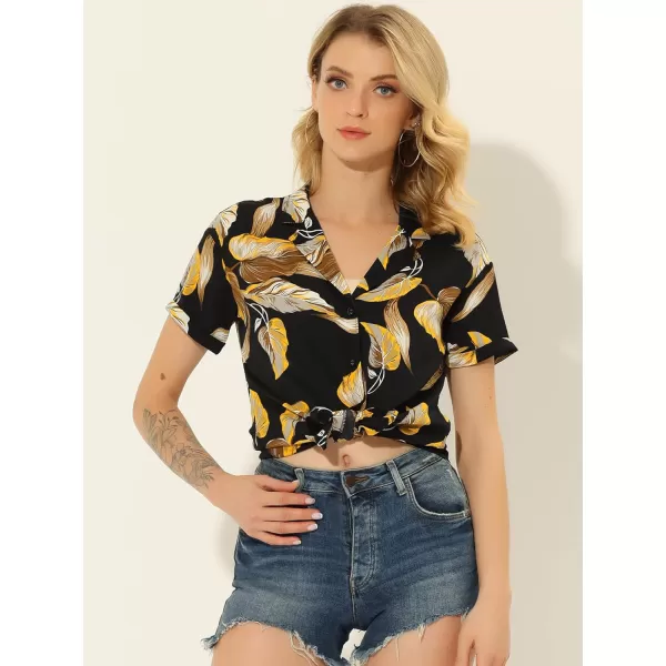 Allegra K Women's Hawaiian Shirt Floral Leaves Printed Short Sleeve Top Button Down Shirt