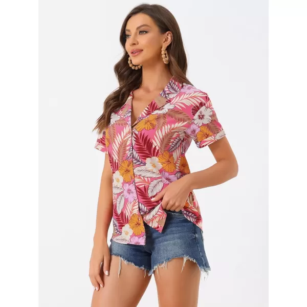 Allegra K Women's Hawaiian Shirt Floral Leaves Printed Short Sleeve Top Button Down Shirt