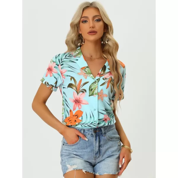 Allegra K Women's Hawaiian Shirt Floral Leaves Printed Short Sleeve Top Button Down Shirt