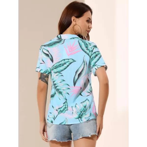 Allegra K Women's Hawaiian Shirt Floral Leaves Printed Short Sleeve Top Button Down Shirt