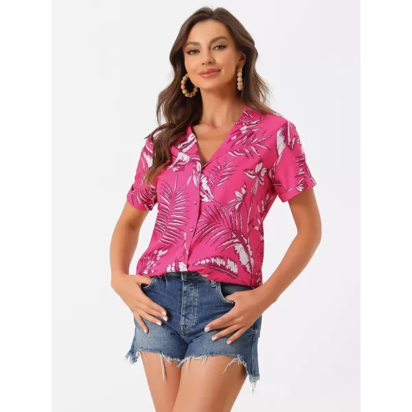 Allegra K Women's Hawaiian Shirt Floral Leaves Printed Short Sleeve Top Button Down Shirt