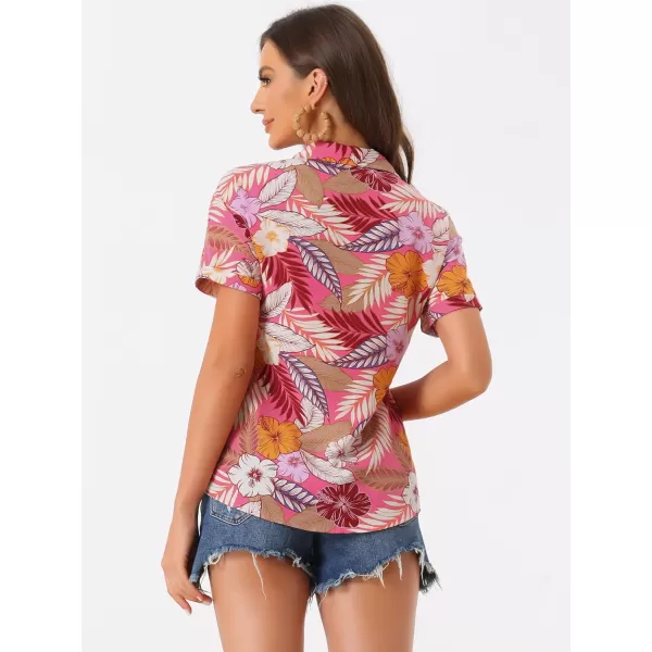 Allegra K Women's Hawaiian Shirt Floral Leaves Printed Short Sleeve Top Button Down Shirt