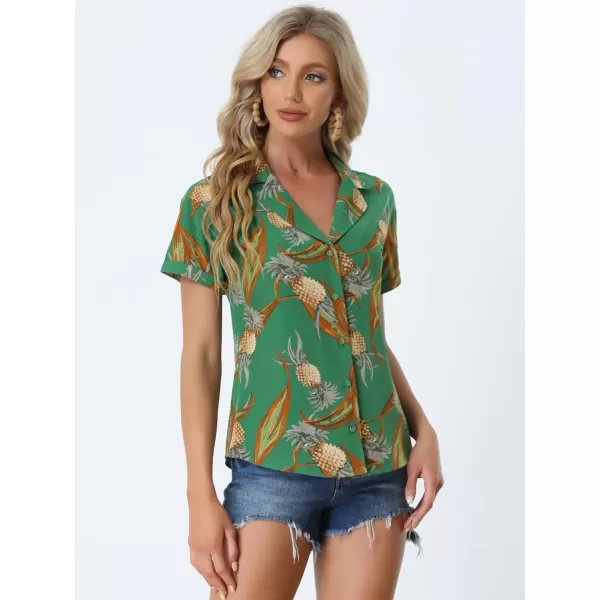 Allegra K Women's Hawaiian Shirt Floral Leaves Printed Short Sleeve Top Button Down Shirt