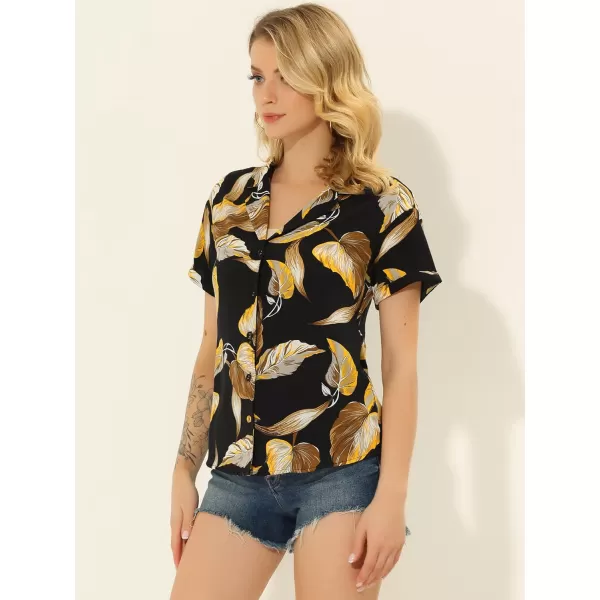 Allegra K Women's Hawaiian Shirt Floral Leaves Printed Short Sleeve Top Button Down Shirt