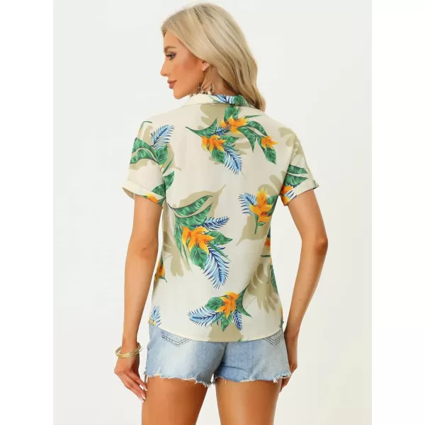 Allegra K Women's Hawaiian Shirt Floral Leaves Printed Short Sleeve Top Button Down Shirt