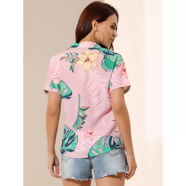 Allegra K Women's Hawaiian Shirt Floral Leaves Printed Short Sleeve Top Button Down Shirt