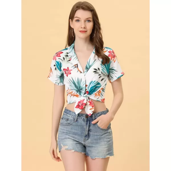 Allegra K Women's Hawaiian Shirt Floral Leaves Printed Short Sleeve Top Button Down Shirt