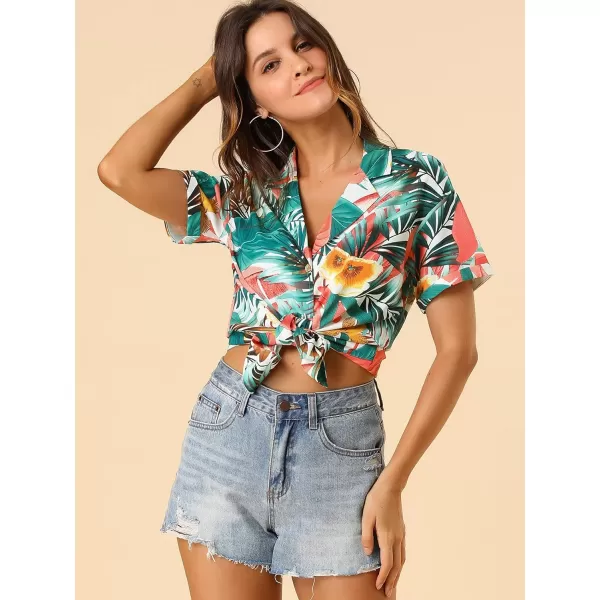 Allegra K Women's Hawaiian Shirt Floral Leaves Printed Short Sleeve Top Button Down Shirt