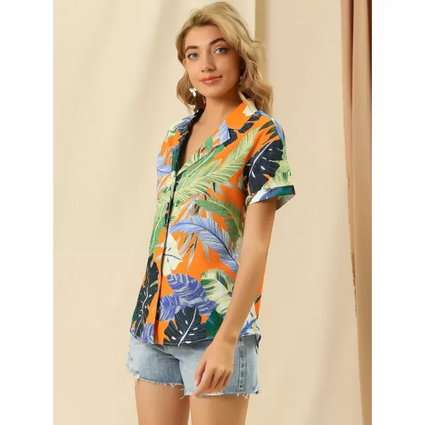 Allegra K Women's Hawaiian Shirt Floral Leaves Printed Short Sleeve Top Button Down Shirt