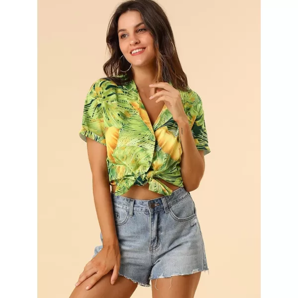 Allegra K Women's Hawaiian Shirt Floral Leaves Printed Short Sleeve Top Button Down Shirt
