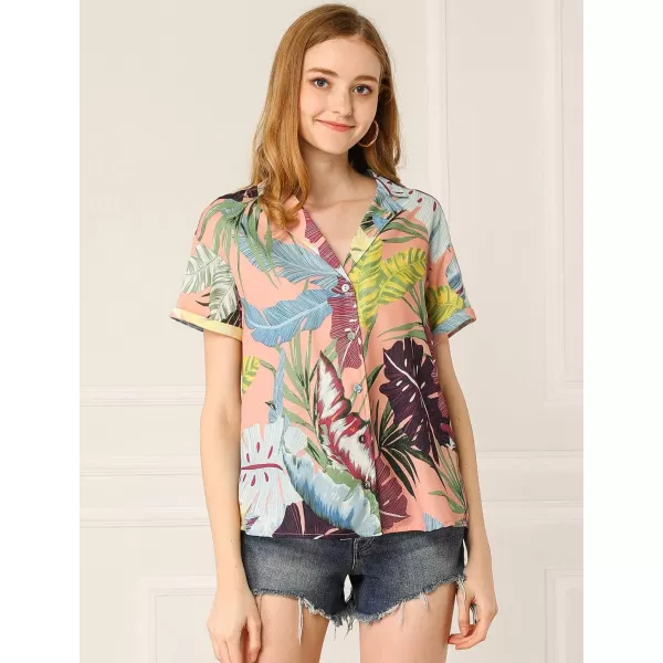 Allegra K Women's Hawaiian Shirt Floral Leaves Printed Short Sleeve Top Button Down Shirt