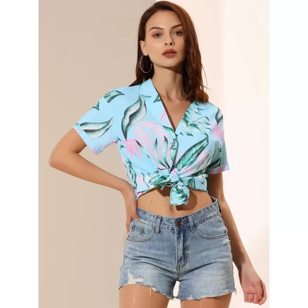 Allegra K Women's Hawaiian Shirt Floral Leaves Printed Short Sleeve Top Button Down Shirt