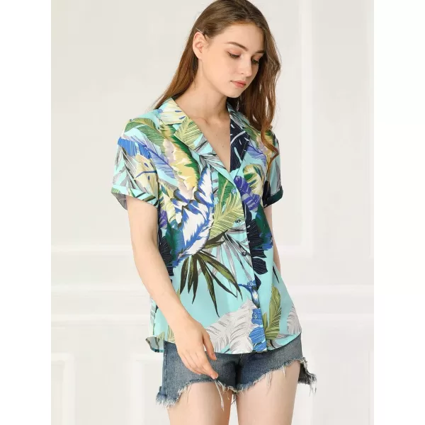 Allegra K Women's Hawaiian Shirt Floral Leaves Printed Short Sleeve Top Button Down Shirt