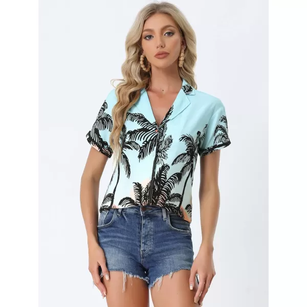 Allegra K Women's Hawaiian Shirt Floral Leaves Printed Short Sleeve Top Button Down Shirt