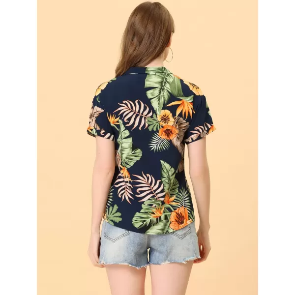 Allegra K Women's Hawaiian Shirt Floral Leaves Printed Short Sleeve Top Button Down Shirt