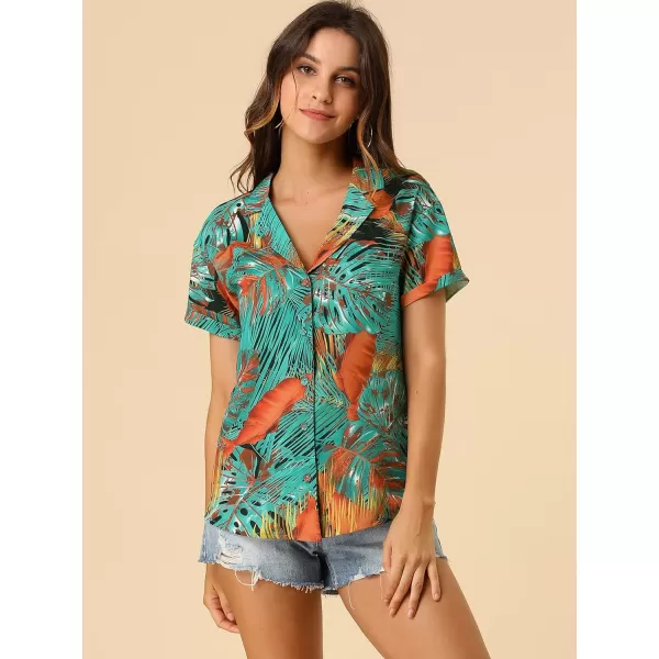 Allegra K Women's Hawaiian Shirt Floral Leaves Printed Short Sleeve Top Button Down Shirt