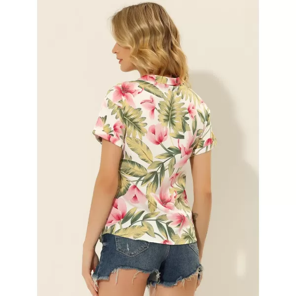 Allegra K Women's Hawaiian Shirt Floral Leaves Printed Short Sleeve Top Button Down Shirt