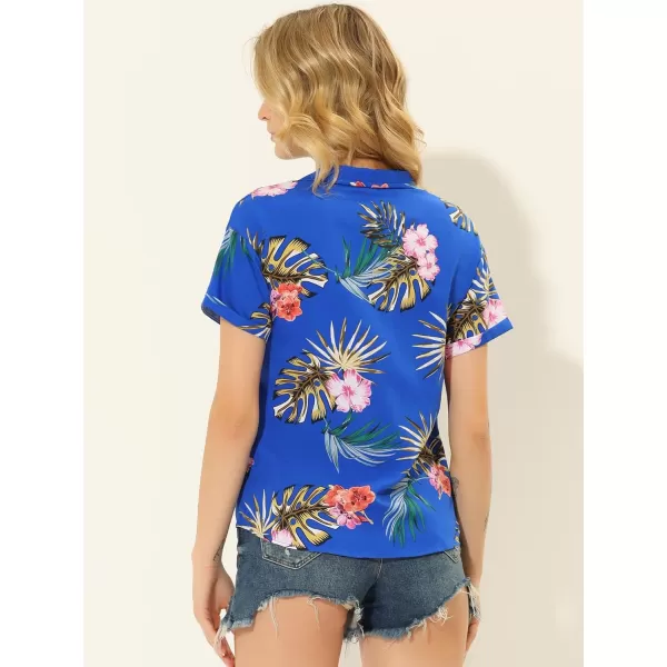 Allegra K Women's Hawaiian Shirt Floral Leaves Printed Short Sleeve Top Button Down Shirt