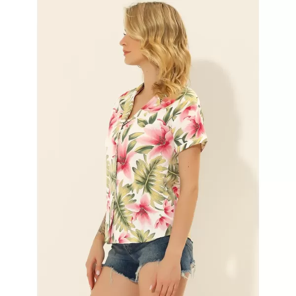 Allegra K Women's Hawaiian Shirt Floral Leaves Printed Short Sleeve Top Button Down Shirt