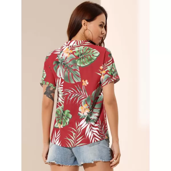 Allegra K Women's Hawaiian Shirt Floral Leaves Printed Short Sleeve Top Button Down Shirt