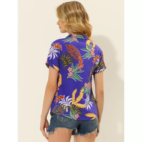 Allegra K Women's Hawaiian Shirt Floral Leaves Printed Short Sleeve Top Button Down Shirt