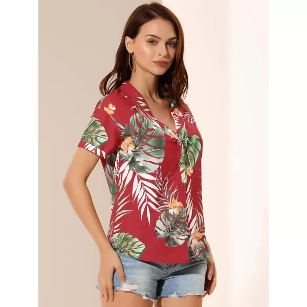 Allegra K Women's Hawaiian Shirt Floral Leaves Printed Short Sleeve Top Button Down Shirt