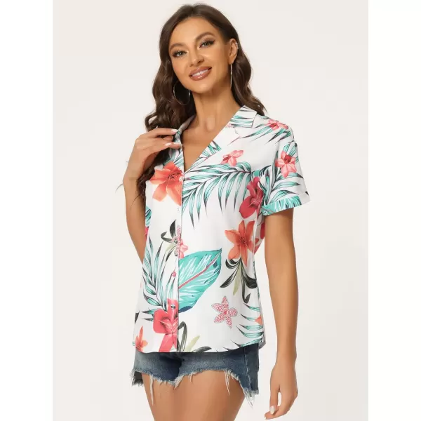 Allegra K Women's Hawaiian Shirt Floral Leaves Printed Short Sleeve Top Button Down Shirt