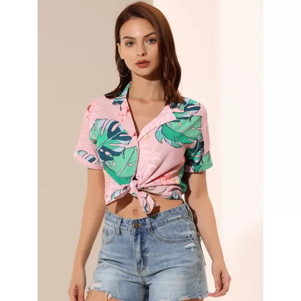 Allegra K Women's Hawaiian Shirt Floral Leaves Printed Short Sleeve Top Button Down Shirt