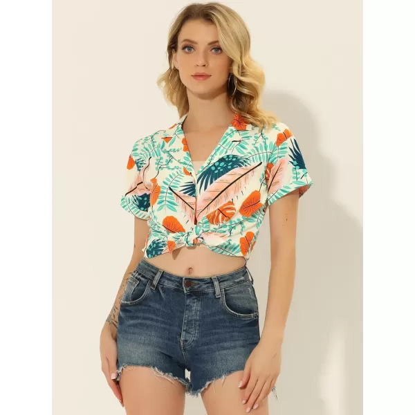 Allegra K Women's Hawaiian Shirt Floral Leaves Printed Short Sleeve Top Button Down Shirt