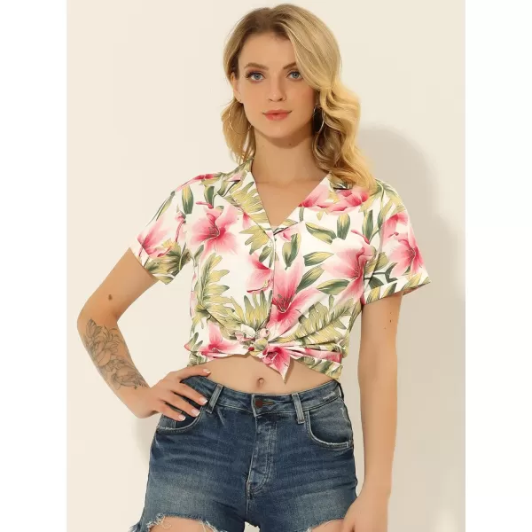 Allegra K Women's Hawaiian Shirt Floral Leaves Printed Short Sleeve Top Button Down Shirt