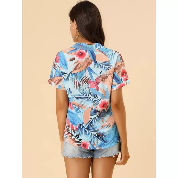 Allegra K Women's Hawaiian Shirt Floral Leaves Printed Short Sleeve Top Button Down Shirt