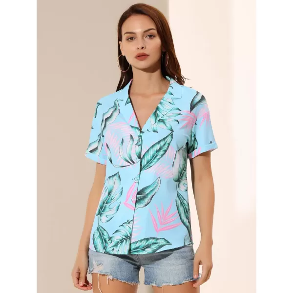 Allegra K Women's Hawaiian Shirt Floral Leaves Printed Short Sleeve Top Button Down Shirt