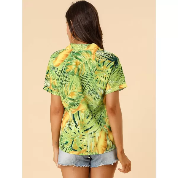 Allegra K Women's Hawaiian Shirt Floral Leaves Printed Short Sleeve Top Button Down Shirt